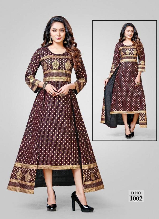 Ft Rayon  Latest Fancy Designer Gold Print Double Cut Kurti Collection